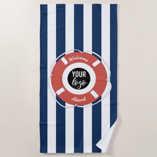 Nautical Blue Striped Welcome Aboard Logo Strandlaken (Voorkant)