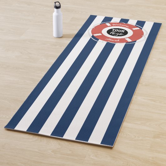 Nautical Blue Striped Welcome Aboard Logo Yogamat (In situ)