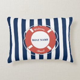 Nautical Blue Striped Welcome Aboard Name Accent Kussen