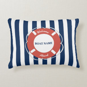 Nautical Blue Striped Welcome Aboard Name Accent Kussen