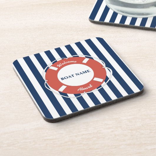 Nautical Blue Striped Welcome Aboard Name Bier Onderzetter (Linkerzijde)