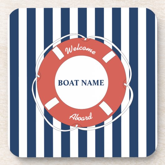 Nautical Blue Striped Welcome Aboard Name Bier Onderzetter (Voorkant)