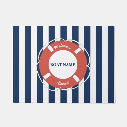 Nautical Blue Striped Welcome Aboard Name Deurmat (Voorkant)