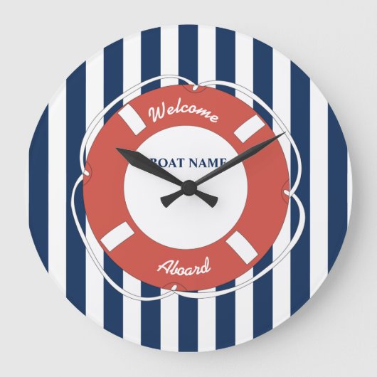 Nautical Blue Striped Welcome Aboard Name Grote Klok (Voorkant)