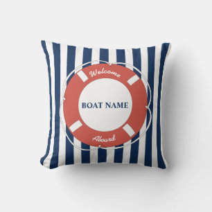 Nautical Blue Striped Welcome Aboard Name Kussen
