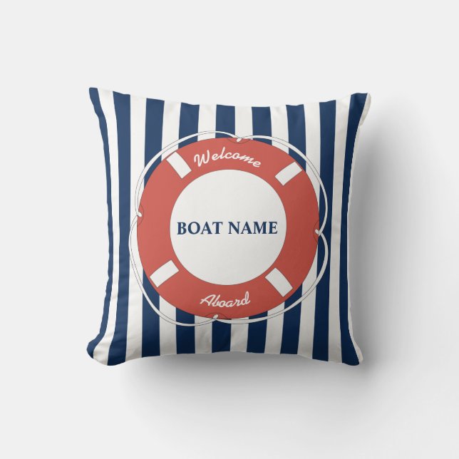 Nautical Blue Striped Welcome Aboard Name Kussen (Voorkant)