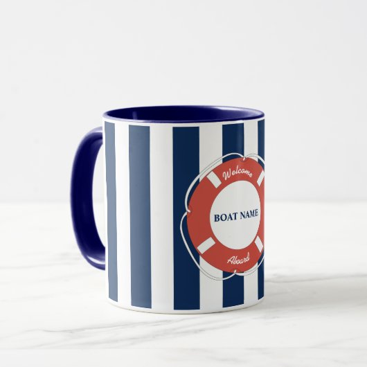 Nautical Blue Striped Welcome Aboard Name Mok (Voorkant links)