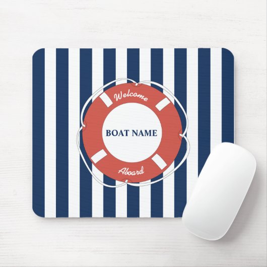 Nautical Blue Striped Welcome Aboard Name Muismat (Met muis)