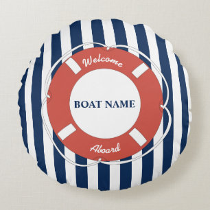 Nautical Blue Striped Welcome Aboard Name Rond Kussen