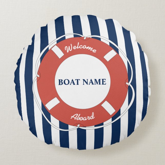 Nautical Blue Striped Welcome Aboard Name Rond Kussen (Voorkant)