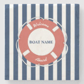 Nautical Blue Striped Welcome Aboard Name Stenen Onderzetter (Voorkant)