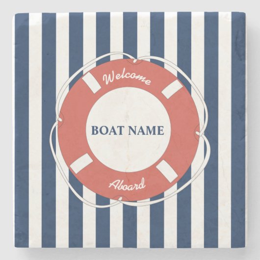 Nautical Blue Striped Welcome Aboard Name Stenen Onderzetter (Voorkant)