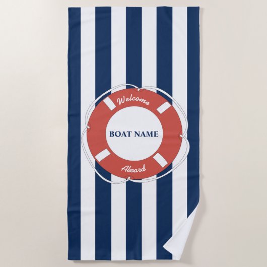 Nautical Blue Striped Welcome Aboard Name Strandlaken (Voorkant)