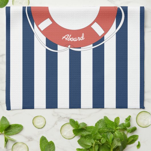 Nautical Blue Striped Welcome Aboard Name Theedoek (Gevouwen)