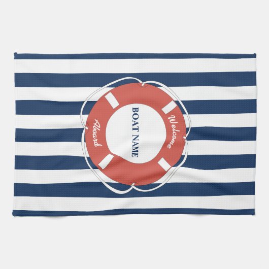 Nautical Blue Striped Welcome Aboard Name Theedoek (Horizontaal)