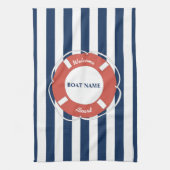 Nautical Blue Striped Welcome Aboard Name Theedoek (Verticaal)