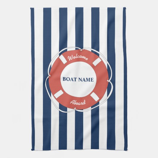 Nautical Blue Striped Welcome Aboard Name Theedoek (Verticaal)
