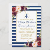 Nautical Blue Stripes Burgundy Invite B Kaart (Voorkant)