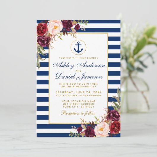 Nautical Blue Stripes Burgundy Invite B Kaart (Staand voorkant)