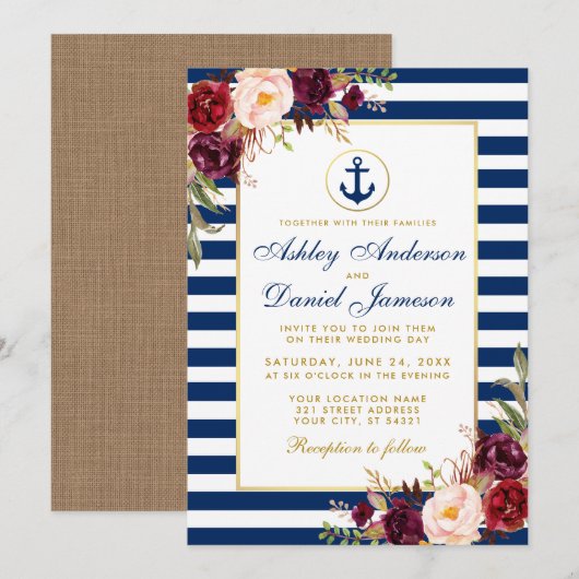 Nautical Blue Stripes Burgundy Invite B Kaart (Voorkant / Achterkant)