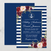 Nautical Blue Stripes Burgundy Invite B Kaart (Voorkant / Achterkant)