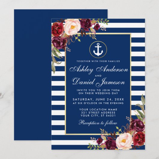 Nautical Blue Stripes Burgundy Invite B Kaart (Voorkant / Achterkant)