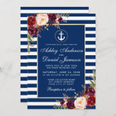 Nautical Blue Stripes Burgundy Invite Kaart (Voorkant / Achterkant)