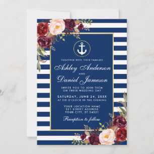 Nautical Blue Stripes Burgundy Invite W Kaart