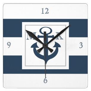 Nautical Blue Stripes en Anchor met monogram Vierkante Klok