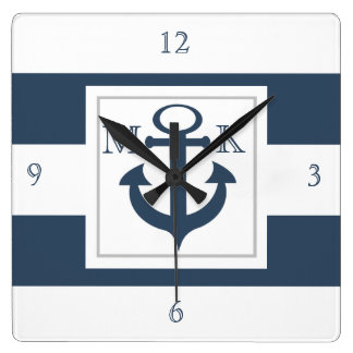 Nautical Blue Stripes en Anchor met monogram Vierkante Klok