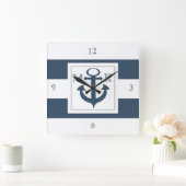 Nautical Blue Stripes en Anchor met monogram Vierkante Klok (Huis)