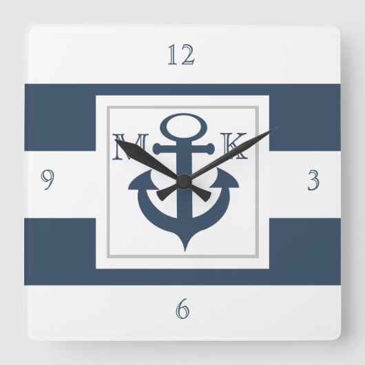 Nautical Blue Stripes en Anchor met monogram Vierkante Klok (Voorkant)