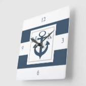 Nautical Blue Stripes en Anchor met monogram Vierkante Klok (Hoek)