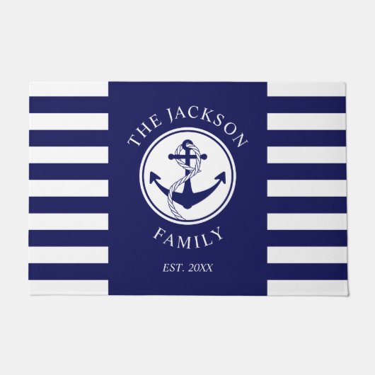 Nautical Blue Stripes Familienaam Deurmat (Voorkant)