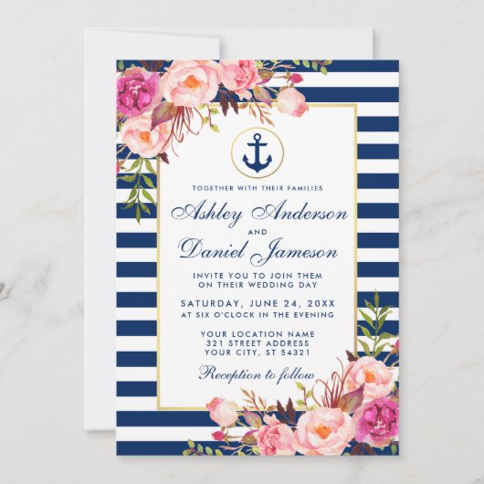 Nautical Blue Stripes Floral Pink Invite B Kaart (Voorkant)