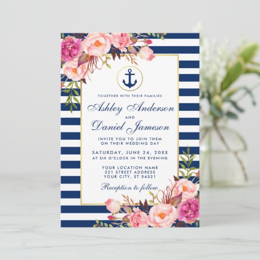 Nautical Blue Stripes Floral Pink Invite B Kaart (Staand voorkant)