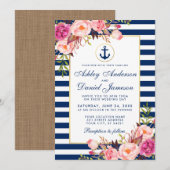 Nautical Blue Stripes Floral Pink Invite B Kaart (Voorkant / Achterkant)
