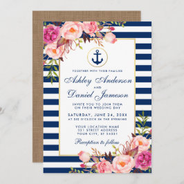 Nautical Blue Stripes Floral Pink Invite B Kaart