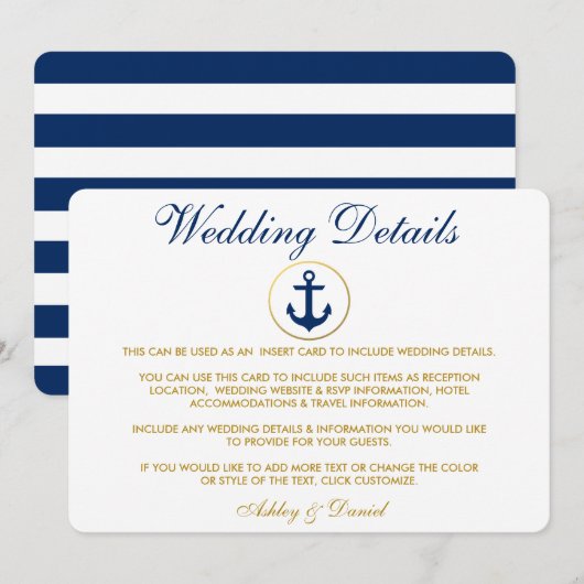 Nautical Blue Stripes Gold Wedding Details Invoege Kaart (Voorkant / Achterkant)