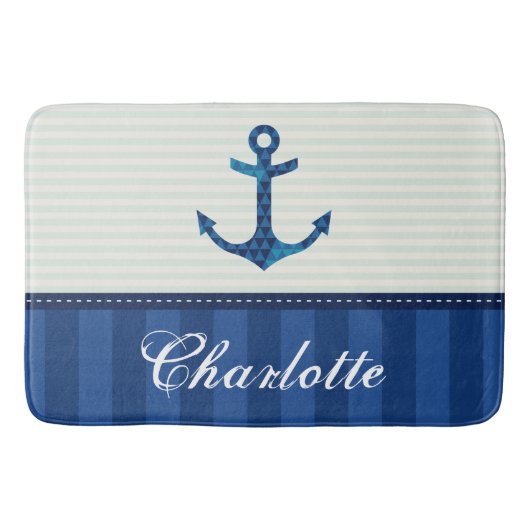 Nautical Blue Stripes Pattern Anchor Custom Name Badmat (Voorkant)