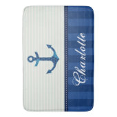 Nautical Blue Stripes Pattern Anchor Custom Name Badmat (Voorkant Verticaal)