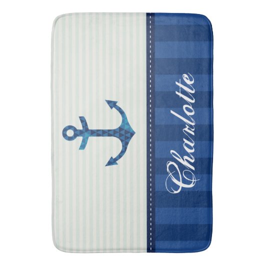 Nautical Blue Stripes Pattern Anchor Custom Name Badmat (Voorkant Verticaal)