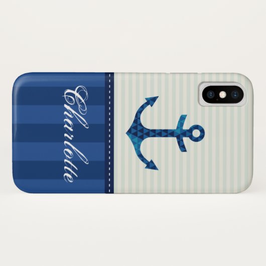 Nautical Blue Stripes Pattern Anchor Custom Name Case-Mate iPhone Case (Achterkant (horizontaal))