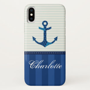 Nautical Blue Stripes Pattern Anchor Custom Name iPhone X Hoesje