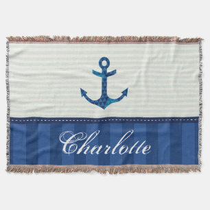 Nautical Blue Stripes Pattern Anchor Custom Name Deken