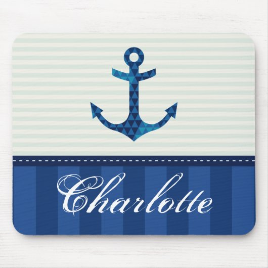 Nautical Blue Stripes Pattern Anchor Custom Name Muismat (Voorkant)