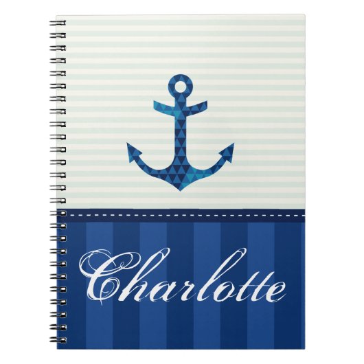 Nautical Blue Stripes Pattern Anchor Custom Name Notitieboek (Voorkant)