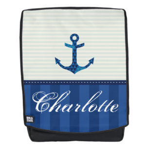 Nautical Blue Stripes Pattern Anchor Custom Name Rugtassen