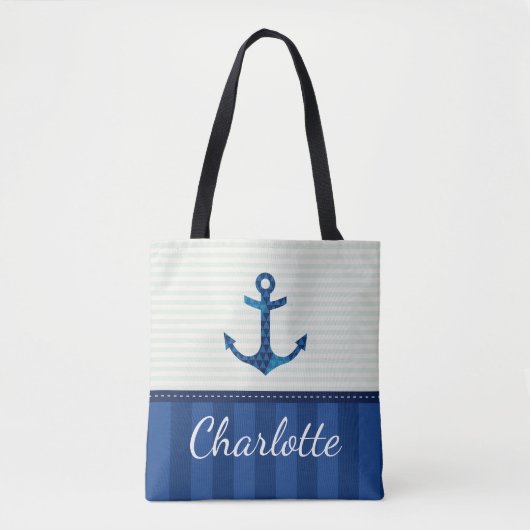 Nautical Blue Stripes Pattern Anchor Custom Name Tote Bag (Voorkant)
