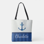 Nautical Blue Stripes Pattern Anchor Custom Name Tote Bag (Achterkant)